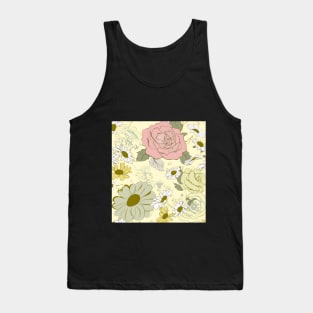 Vintage Floral Design: Hand-Drawn Daisies and Roses on a Pale Yellow Canvas. Tank Top